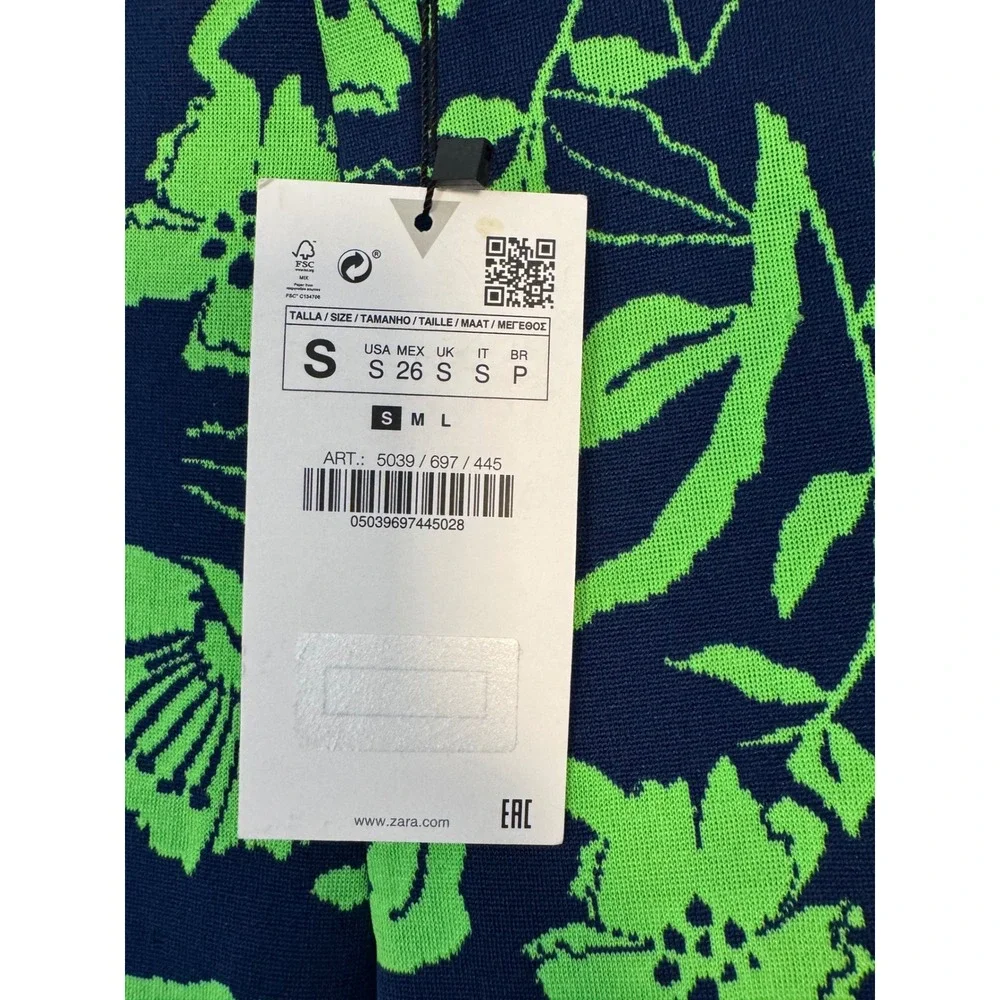 Retro Floral Zara Women Small Flare Pants Navy Lime Green‎ High Rise NWT